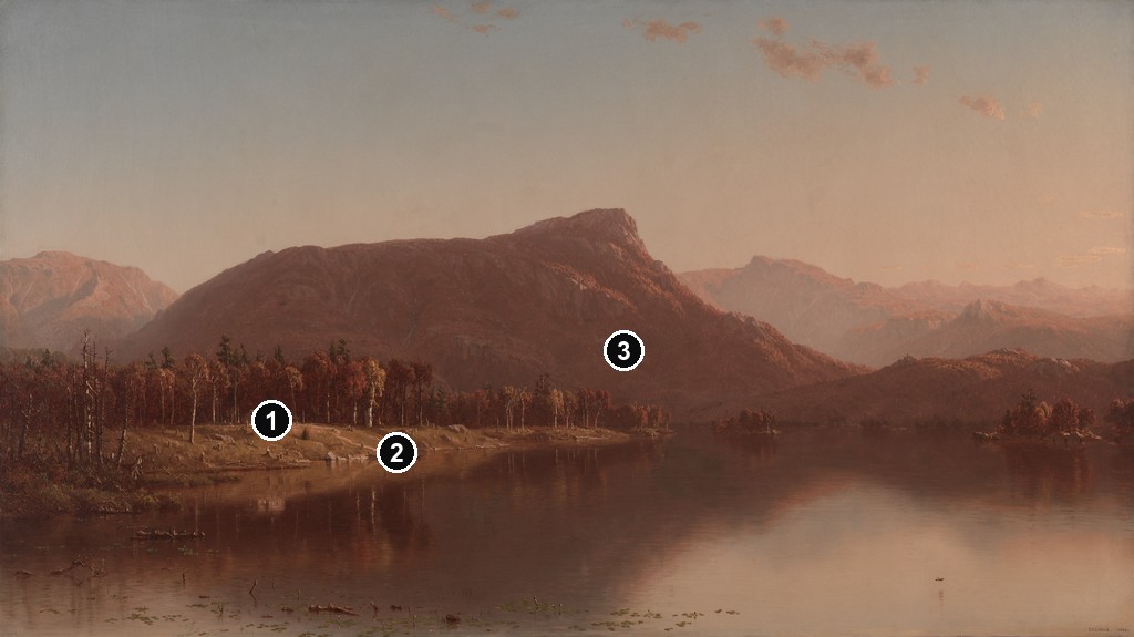 Annotated details from A Home in the Wilderness by Sanford Robinson Gifford